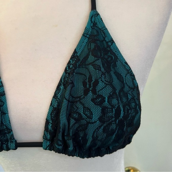 Vintage Teal Lace Overlay Triangle Bikini Swim Set Y2K Boho Festival Beach Sz S - Picture 3 of 8